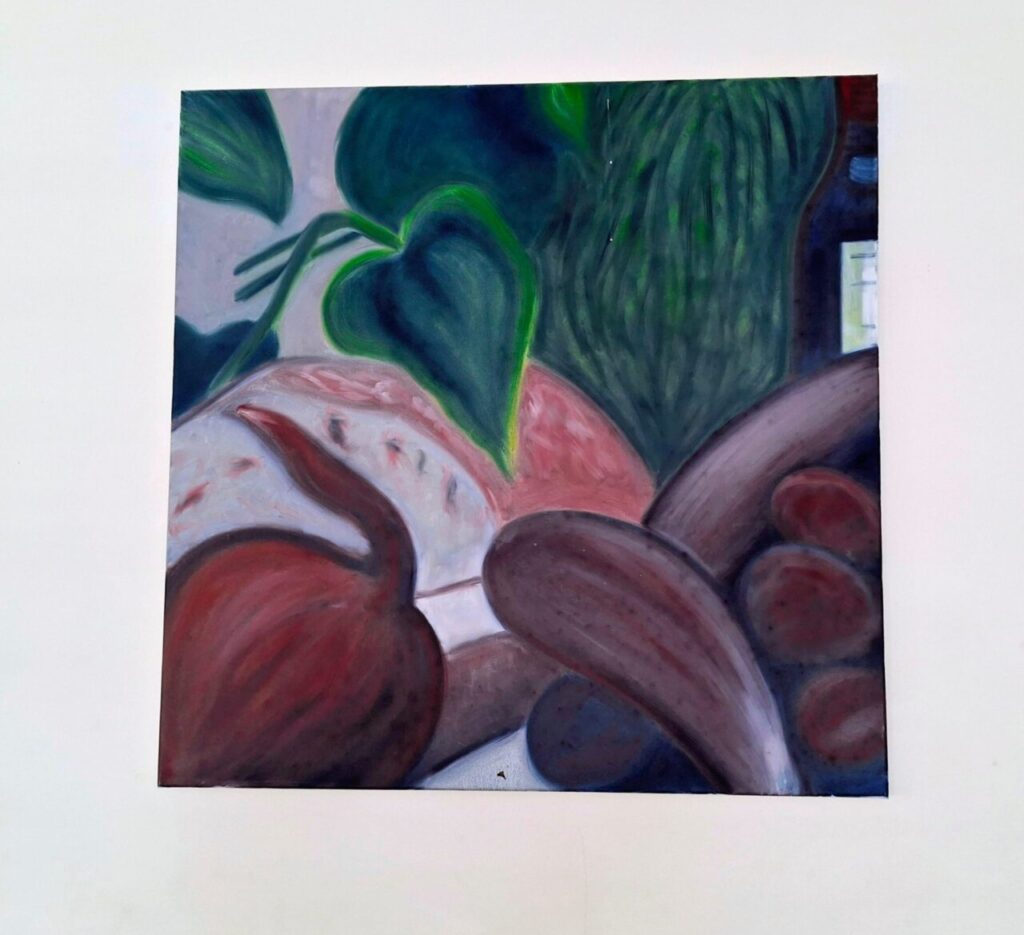 Pintura de naturaleza muerta con vegetaci&oacute;n y alimentos