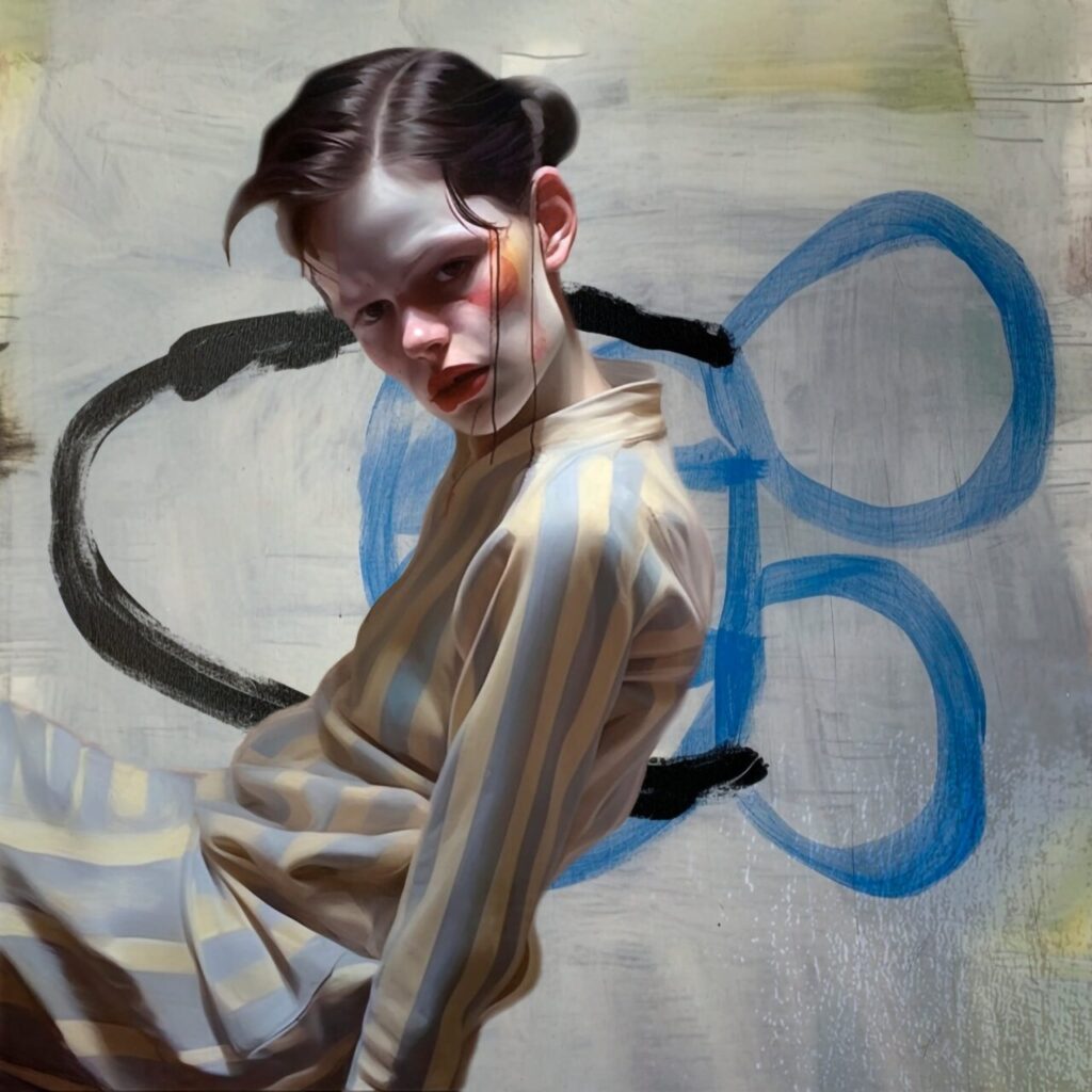 Retrato de una persona con expresi&oacute;n intensa y fondo abstracto