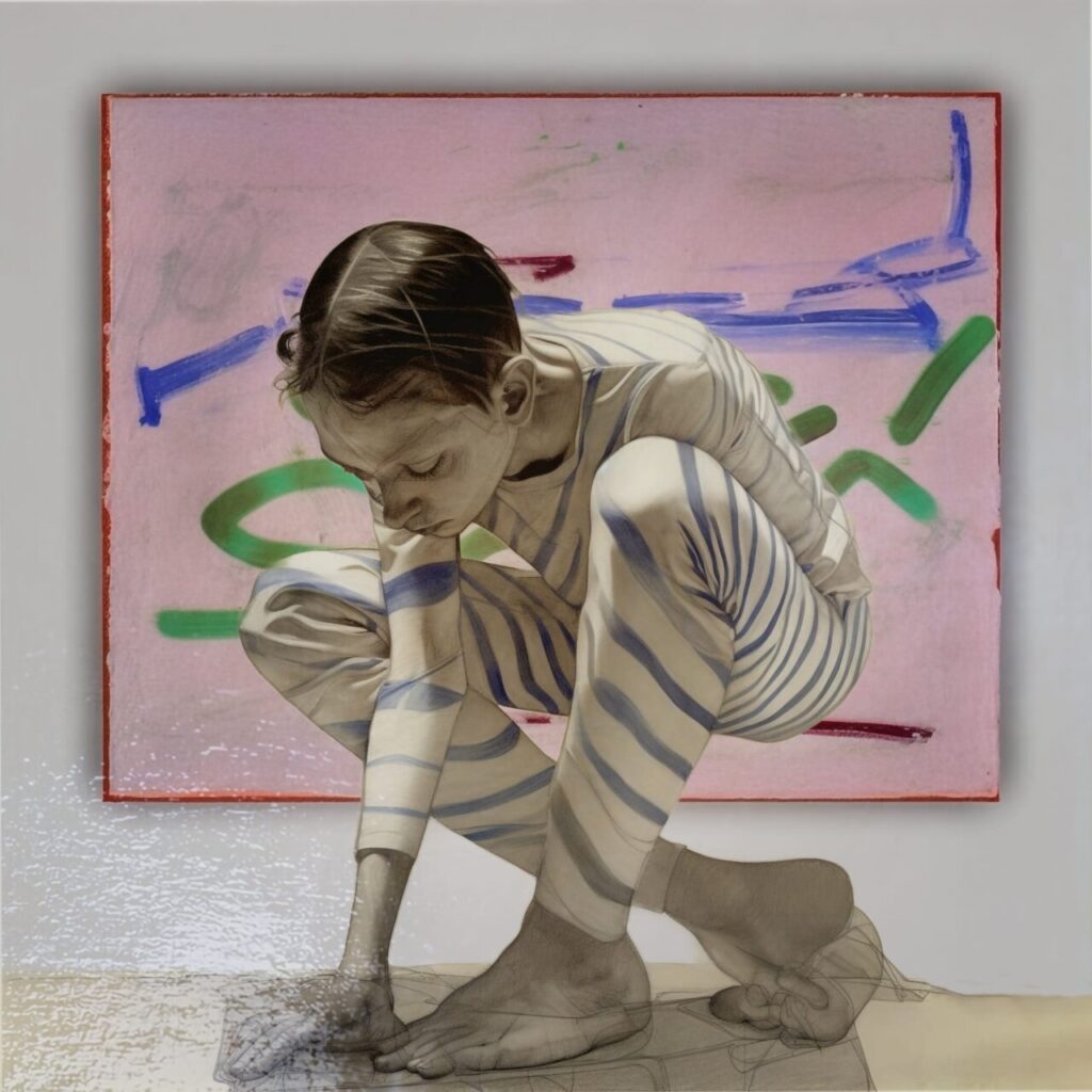 Ni&ntilde;o en posici&oacute;n de cuclillas sobre una superficie con fondo colorido