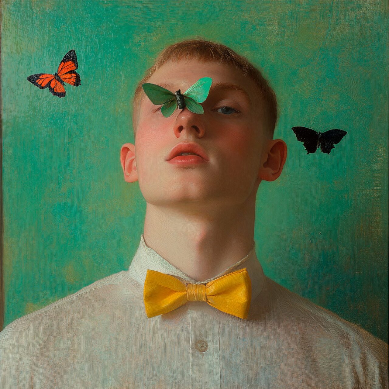 Retrato de un joven con mariposas en la cara y una pajarita amarilla.