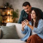 Pareja revisando su tel&eacute;fono m&oacute;vil en un sof&aacute;