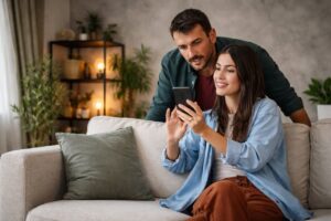 Pareja revisando su tel&eacute;fono m&oacute;vil en un sof&aacute;
