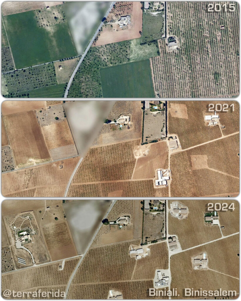 Imágenes aéreas de Biniali mostrando la devastación del suelo entre 2015 y 2024