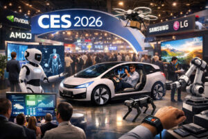 Exhibici&oacute;n de tecnolog&iacute;a en CES 2026 con robots y veh&iacute;culos aut&oacute;nomos