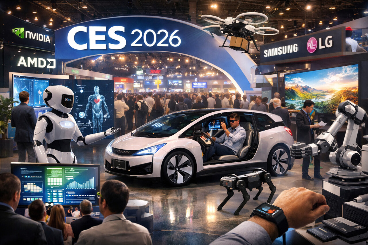 Exhibici&oacute;n de tecnolog&iacute;a en CES 2026 con robots y veh&iacute;culos aut&oacute;nomos