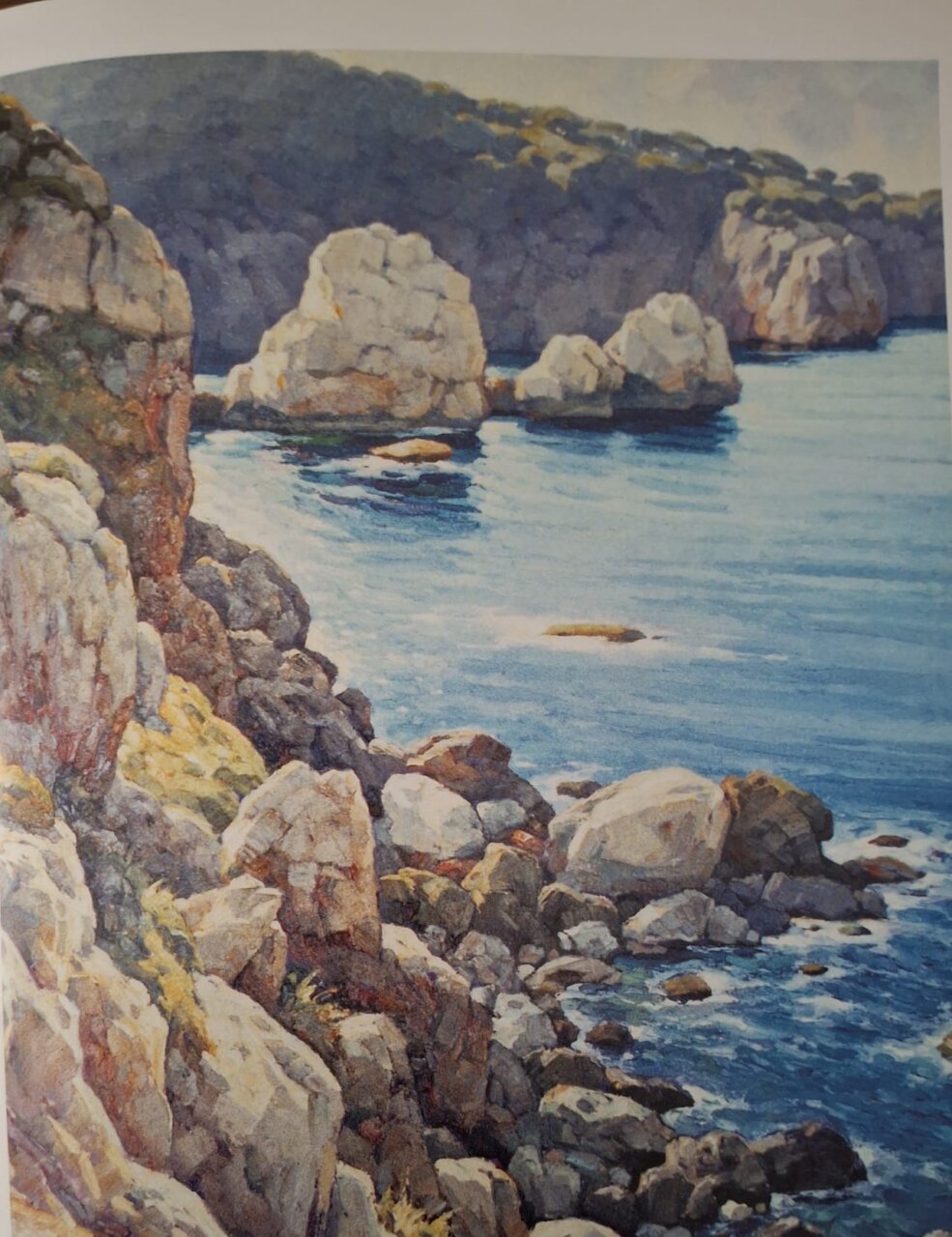 Pintura de Guillermo Gil que muestra un paisaje costero con rocas y mar