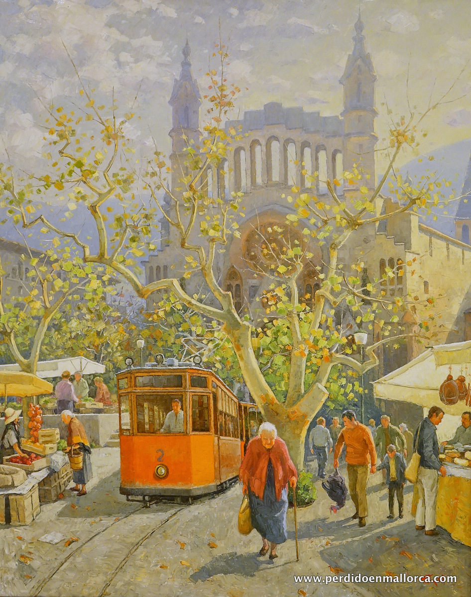 Pintura de Guillermo Gil con un tranv&iacute;a y mercado en Mallorca