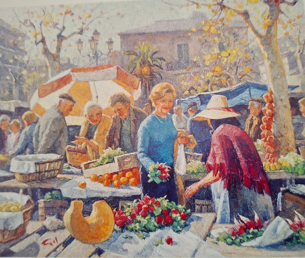 Pintura de un mercado en Mallorca con personas comprando frutas y verduras.