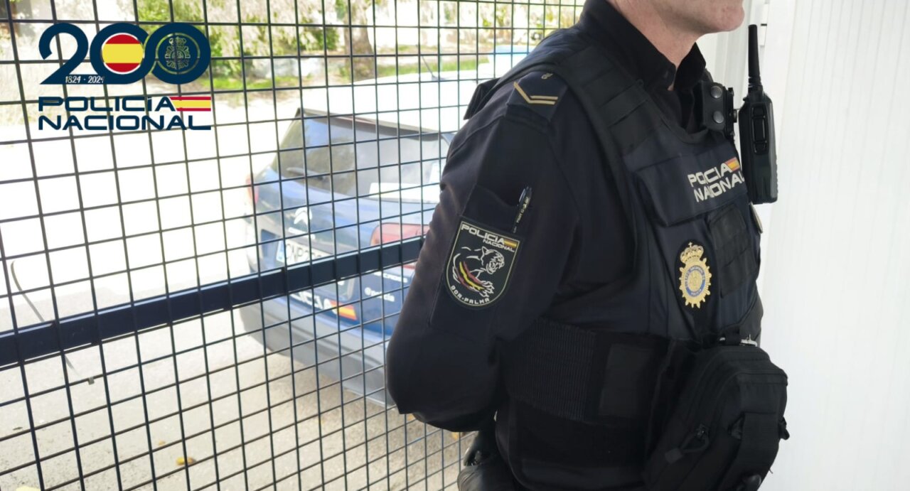 Agente de la Polic&iacute;a Nacional en Palma con uniforme y equipo de comunicaci&oacute;n.