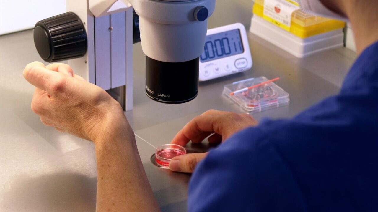 Mujer manipulando muestras en un laboratorio de reproducci&oacute;n asistida