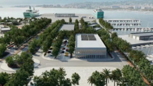 Vista a&eacute;rea del plan maestro del puerto de Palma con vegetaci&oacute;n y edificios