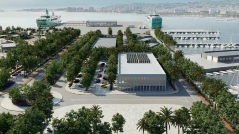 Vista a&eacute;rea del plan maestro del puerto de Palma con vegetaci&oacute;n y edificios