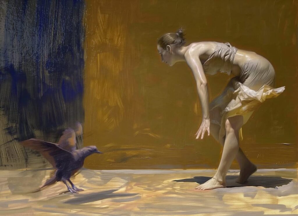 Una mujer se agacha mientras un p&aacute;jaro se acerca a ella.