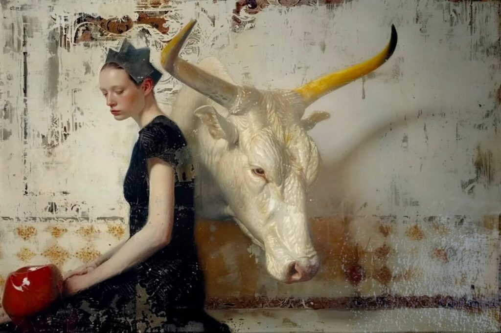 Mujer sentada con vestido negro y olla roja junto a una vaca