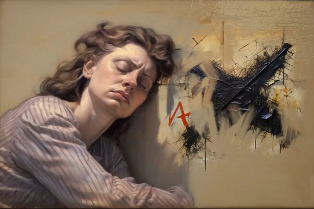 Mujer con cabello rizado descansando junto a una pintura abstracta