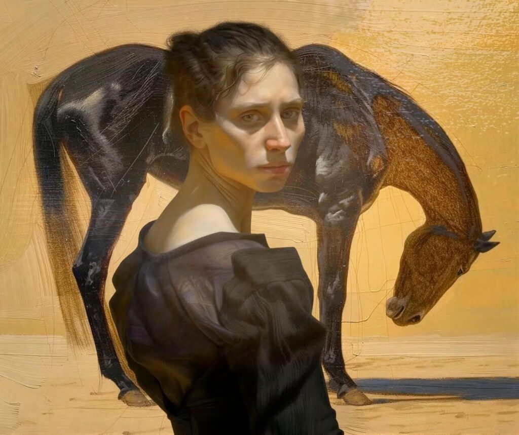 Retrato de mujer con caballo en un fondo amarillo