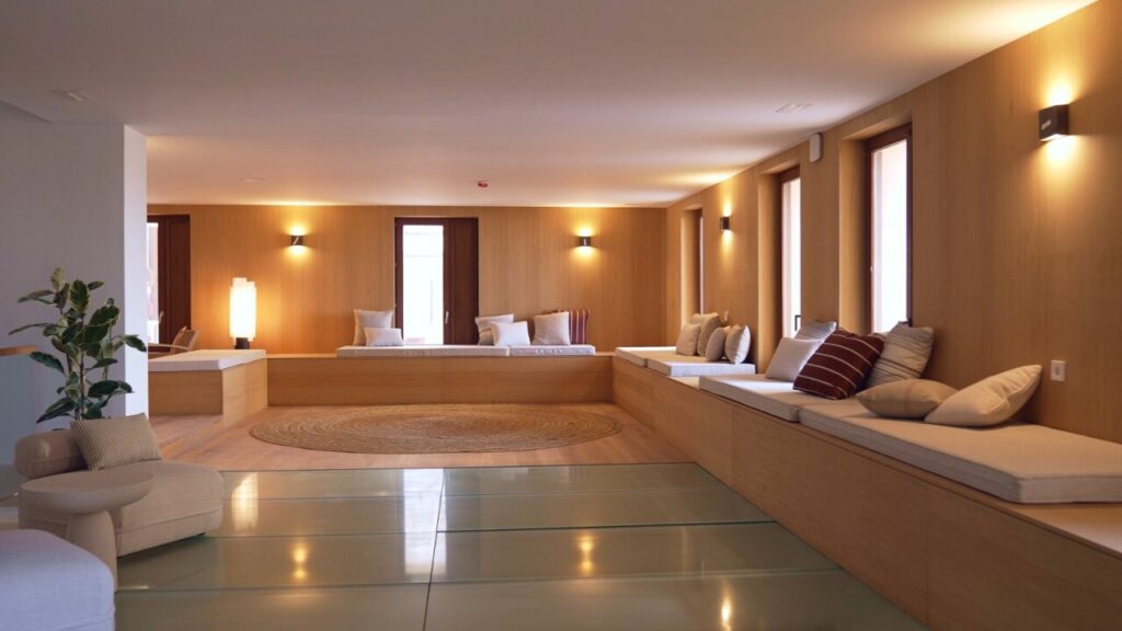 Interior del Parador de Ibiza con zona de relajaci&oacute;n y luz natural