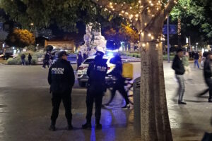Agentes de polic&iacute;a local en la plaza de Espa&ntilde;a de Palma durante la noche