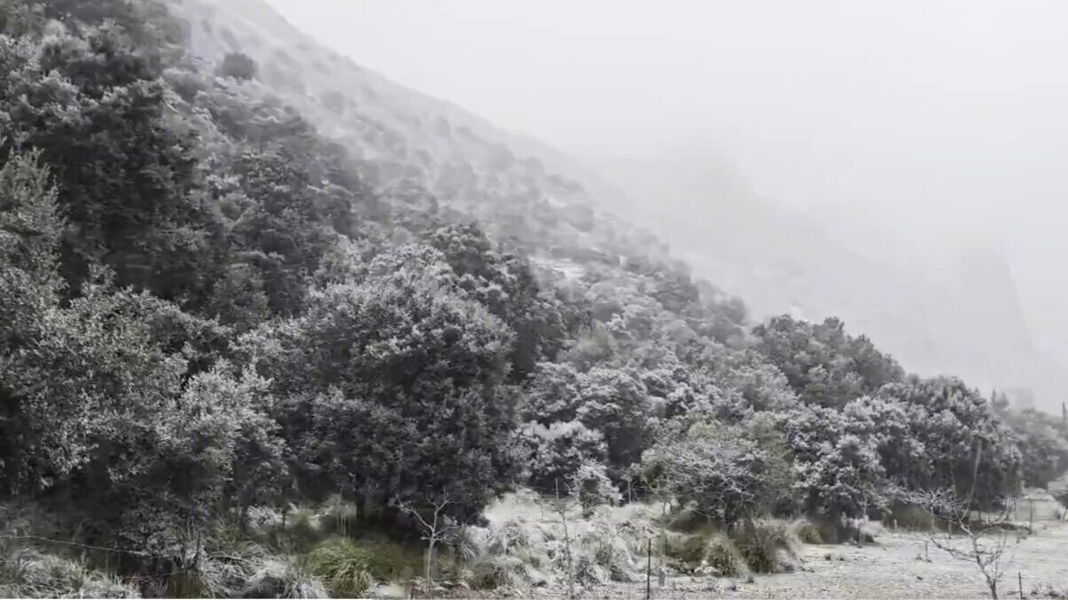 Vista de la primera nevada en la Serra de Tramuntana, Mallorca.