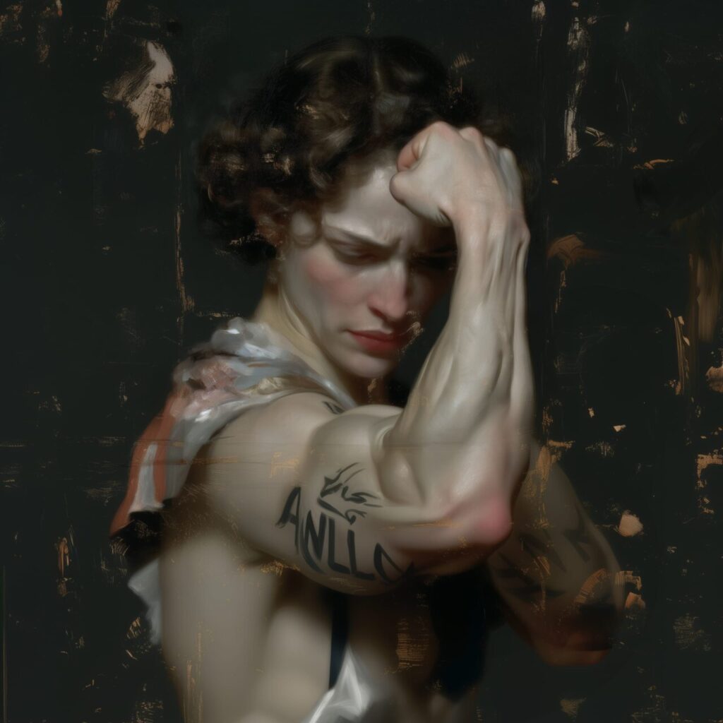 Retrato de una persona mostrando su brazo musculoso con tatuajes.