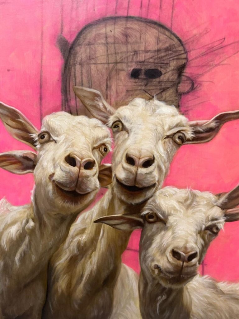 Retrato art&iacute;stico de Rafael Palma con tres ovejas sonrientes