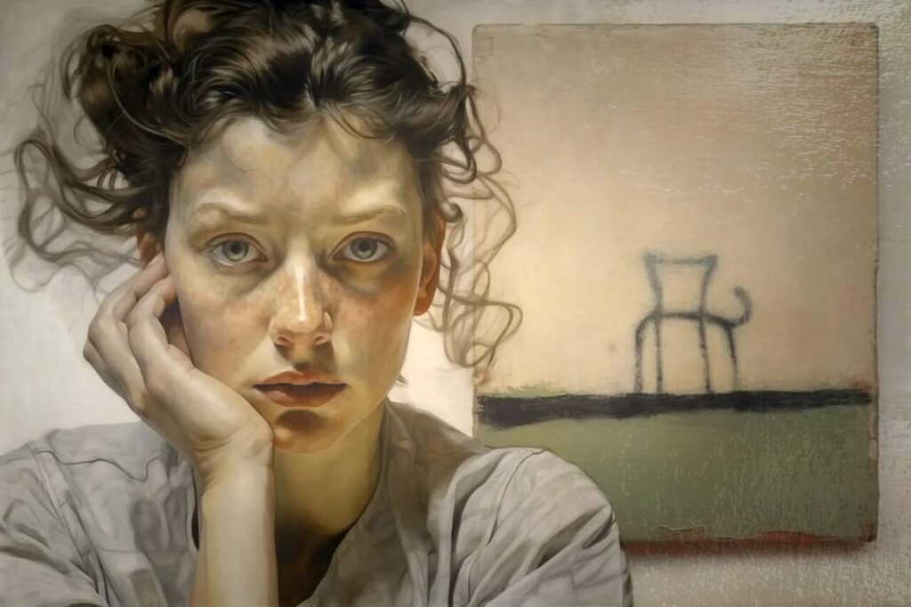 Retrato de una mujer con cabello rizado y expresi&oacute;n pensativa.