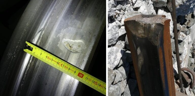 Rueda de tren con muescas y carril da&ntilde;ado en Adamuz