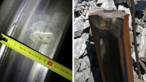 Rueda de tren con muescas y carril da&ntilde;ado en Adamuz