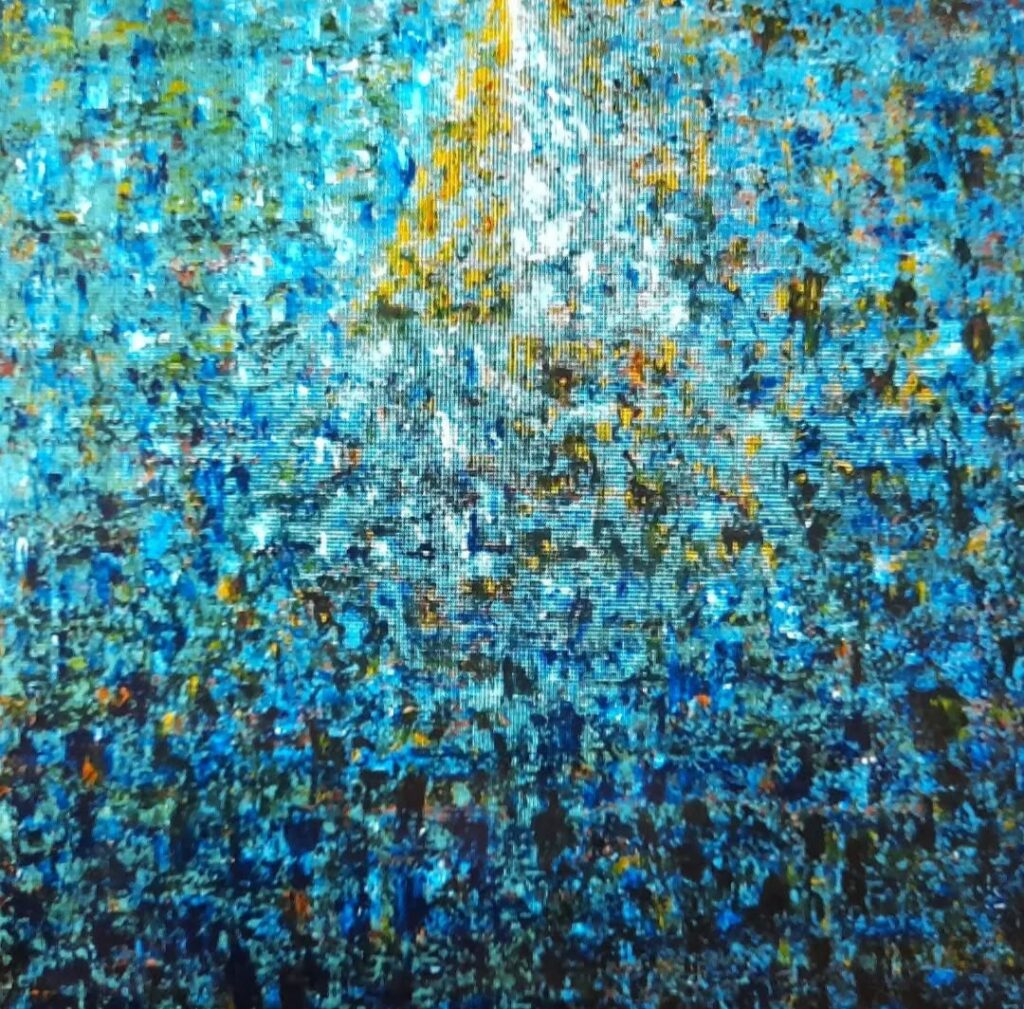 Pintura abstracta en tonos azules y amarillos de Silvina Barrera
