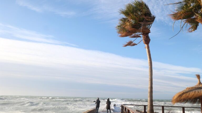 Personas observando el mar agitado por el viento fuerte en Mallorca