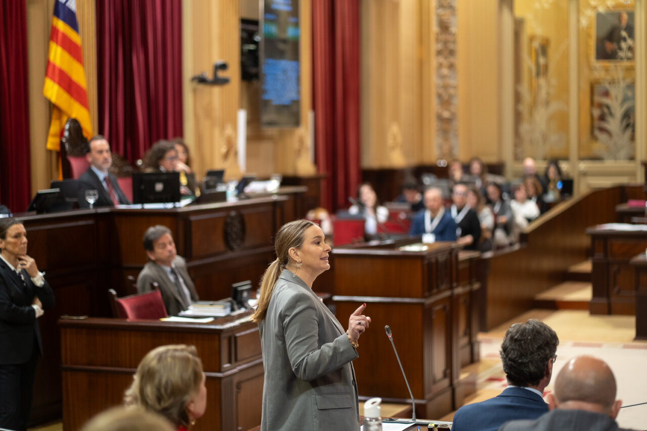 Prohens hablando en el parlamento con p&uacute;blico atento en el fondo