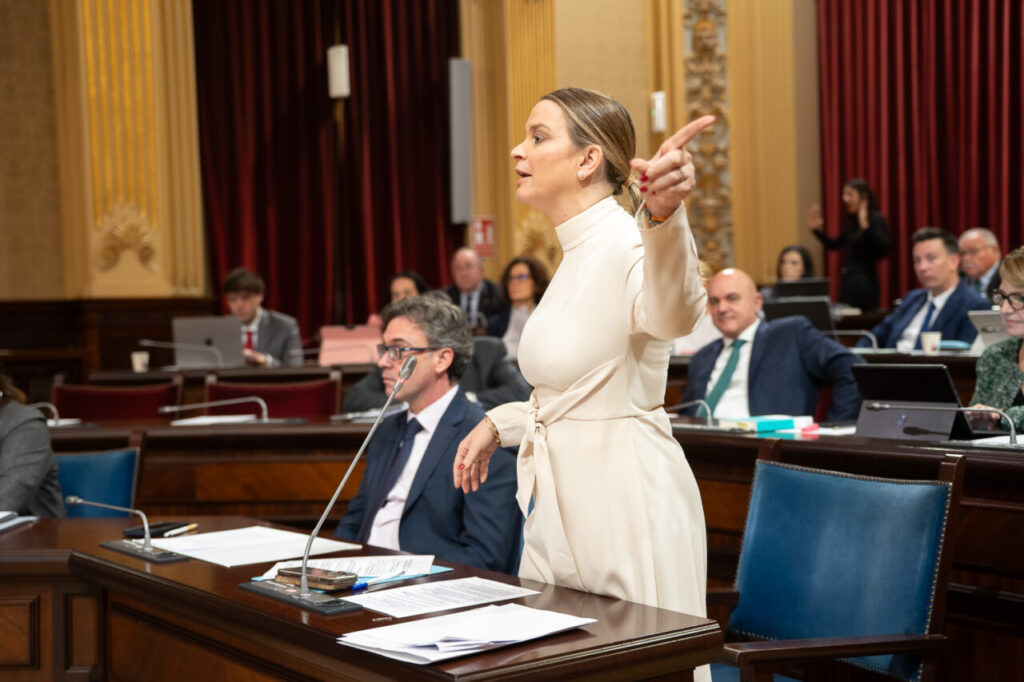 Una mujer hablando en el parlamento mientras otros escuchan atentamente.