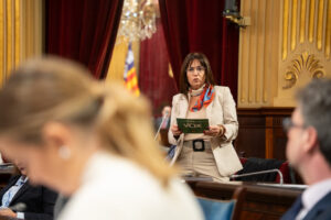 Mujer hablando en el Parlamento con un documento en mano