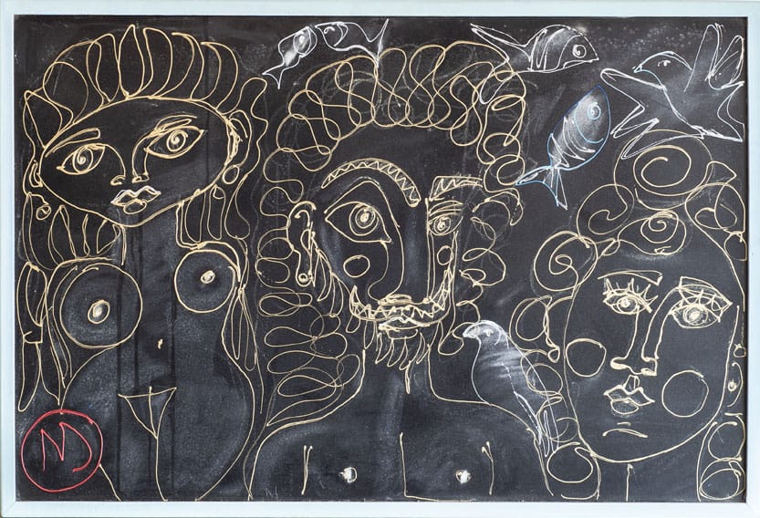 Obra de Emanuel Navarro D&rsquo;Garem con figuras humanas y elementos marinos