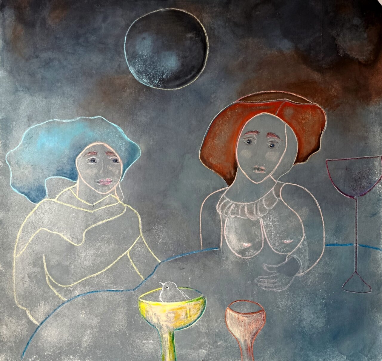 Pintura abstracta de dos mujeres con fondo oscuro y elementos coloridos