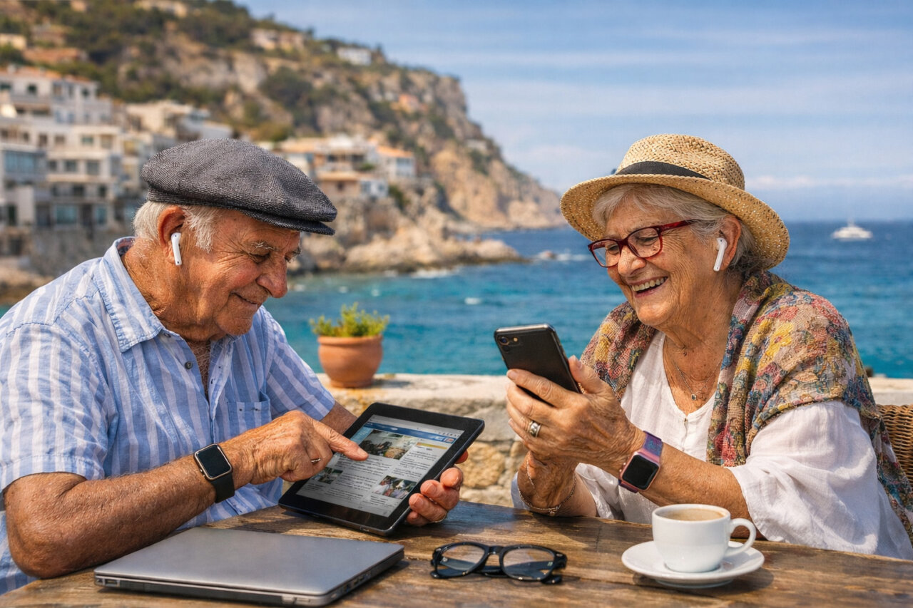 Dos abuelos usando dispositivos digitales en un entorno costero