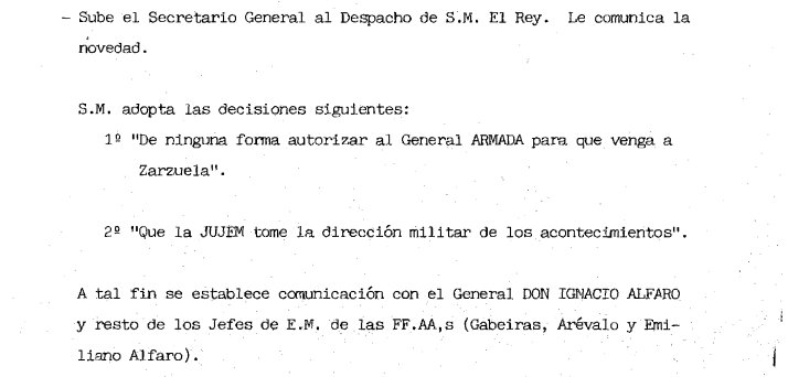 23 F Desclasificado. Documento oficial comunicando decisiones del Secretario General al Rey.