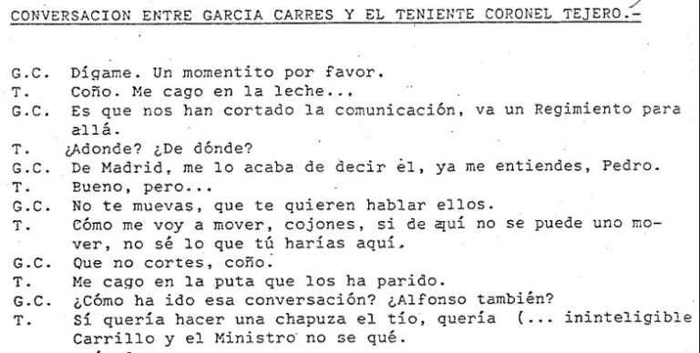 Diálogo entre Garcia Carrés y el Teniente Coronel Tejero en un documento