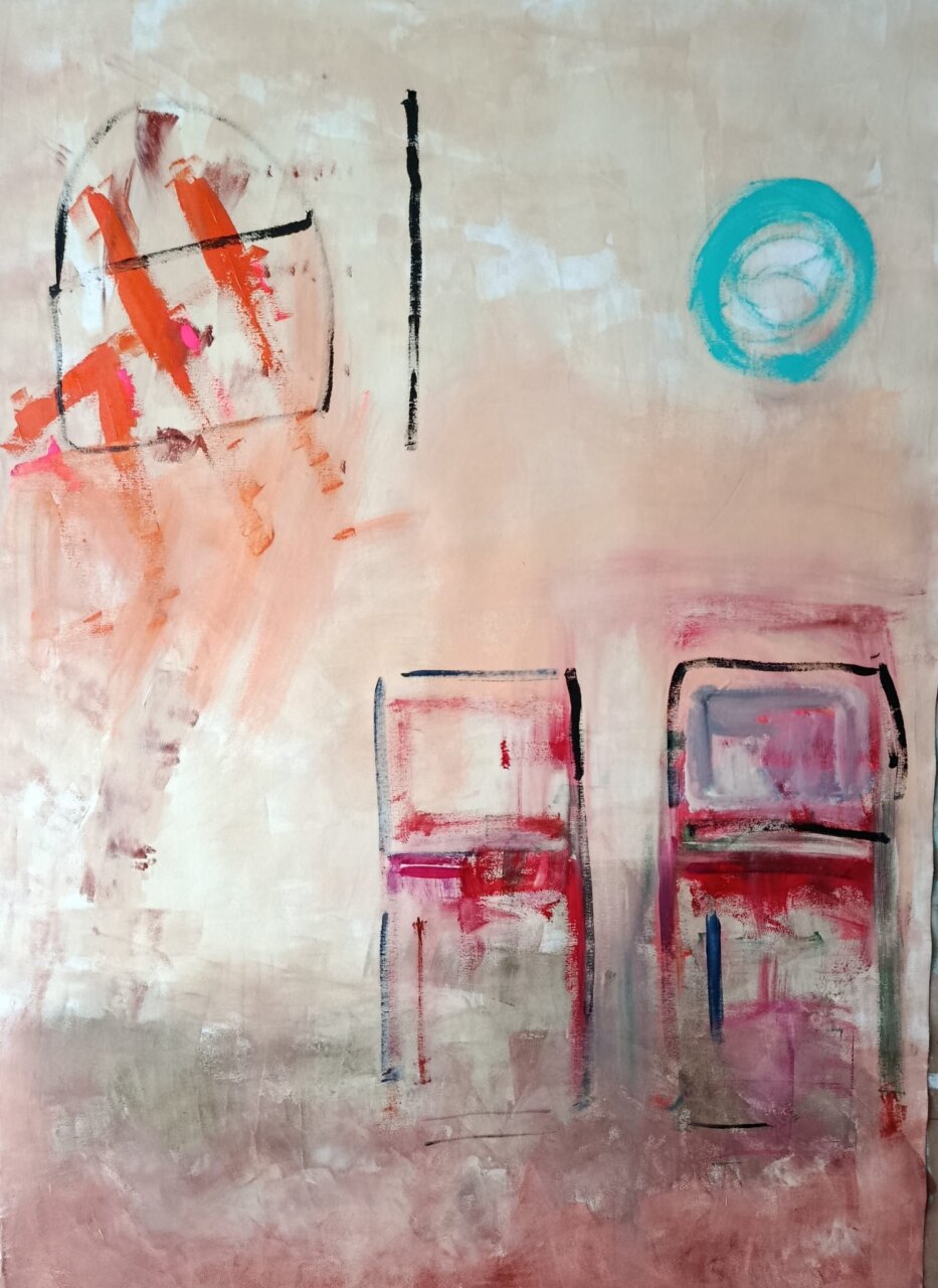 Pintura abstracta de Marta Muniesa con formas y colores vibrantes.