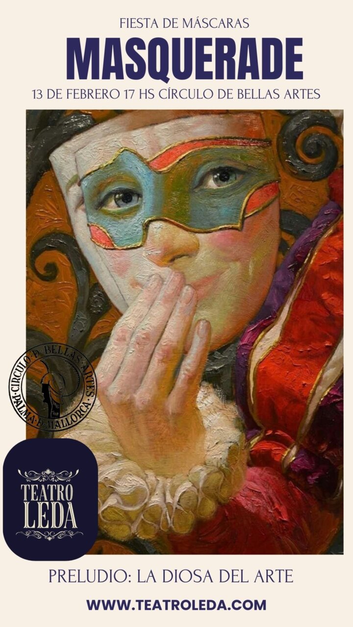 Cartel de la Fiesta de M&aacute;scaras en el C&iacute;rculo de Bellas Artes con una figura enmascarada.