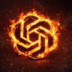Logo de OpenAI en llamas sobre fondo oscuro