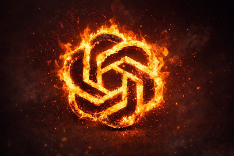 Logo de OpenAI en llamas sobre fondo oscuro