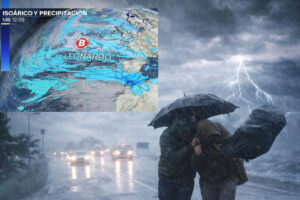 Personas luchando contra la lluvia y el viento bajo un paraguas en Noruega