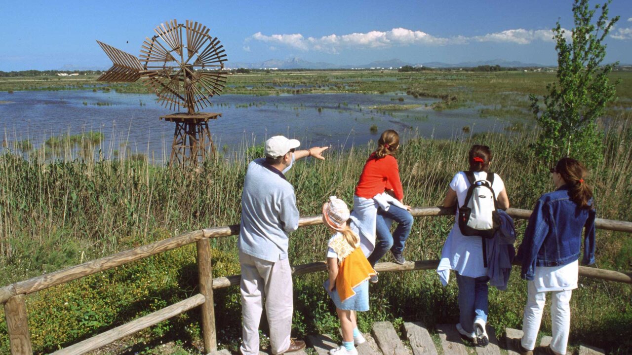 Familia observando paisaje en el Parque Natural de Salbufera en Mallorca