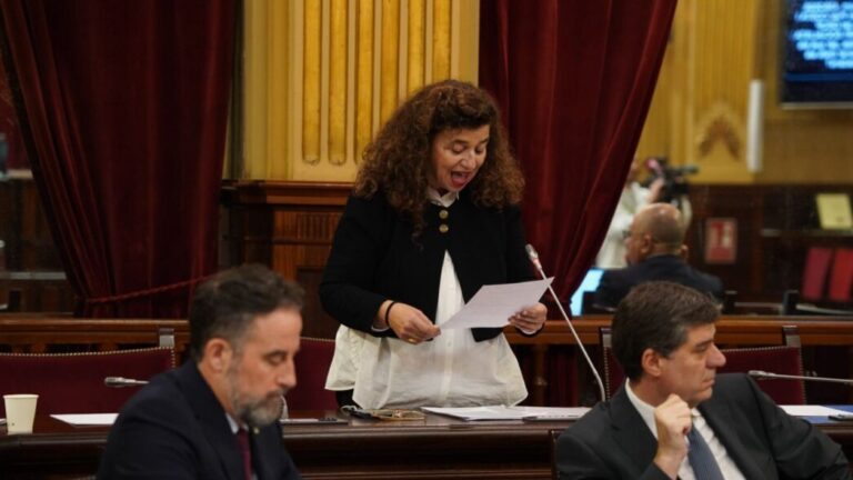 Pilar Costa hablando en el Parlamento de las Islas Baleares sobre inmigración.