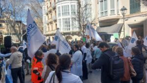 Protesta de m&eacute;dicos con pancartas y banderas en la calle