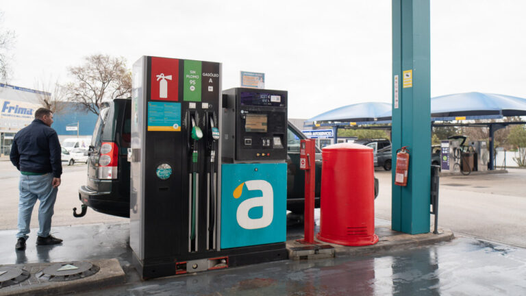 Estaci&oacute;n de servicio con surtidores de combustible y un cliente.