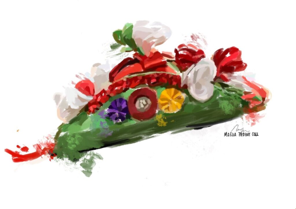 Ilustraci&oacute;n de un sombrero decorado con flores coloridas.