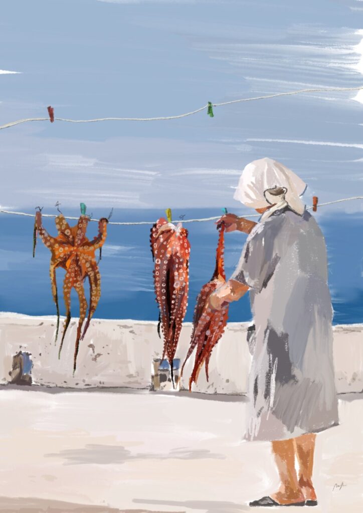 Mujer sosteniendo pulpos en un entorno costero