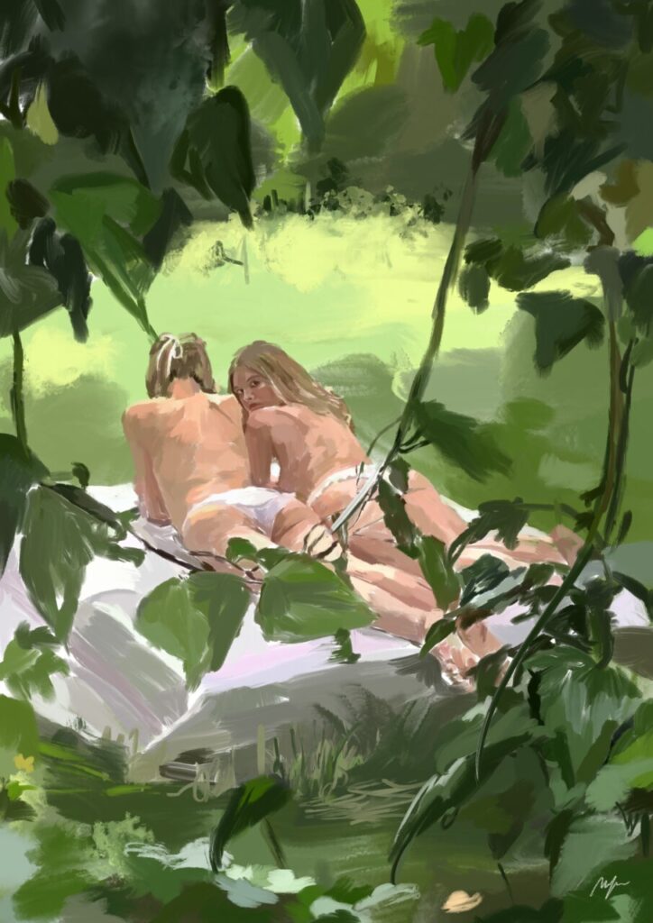 Ilustraci&oacute;n de dos personas en un entorno natural, capturando un momento &iacute;ntimo.